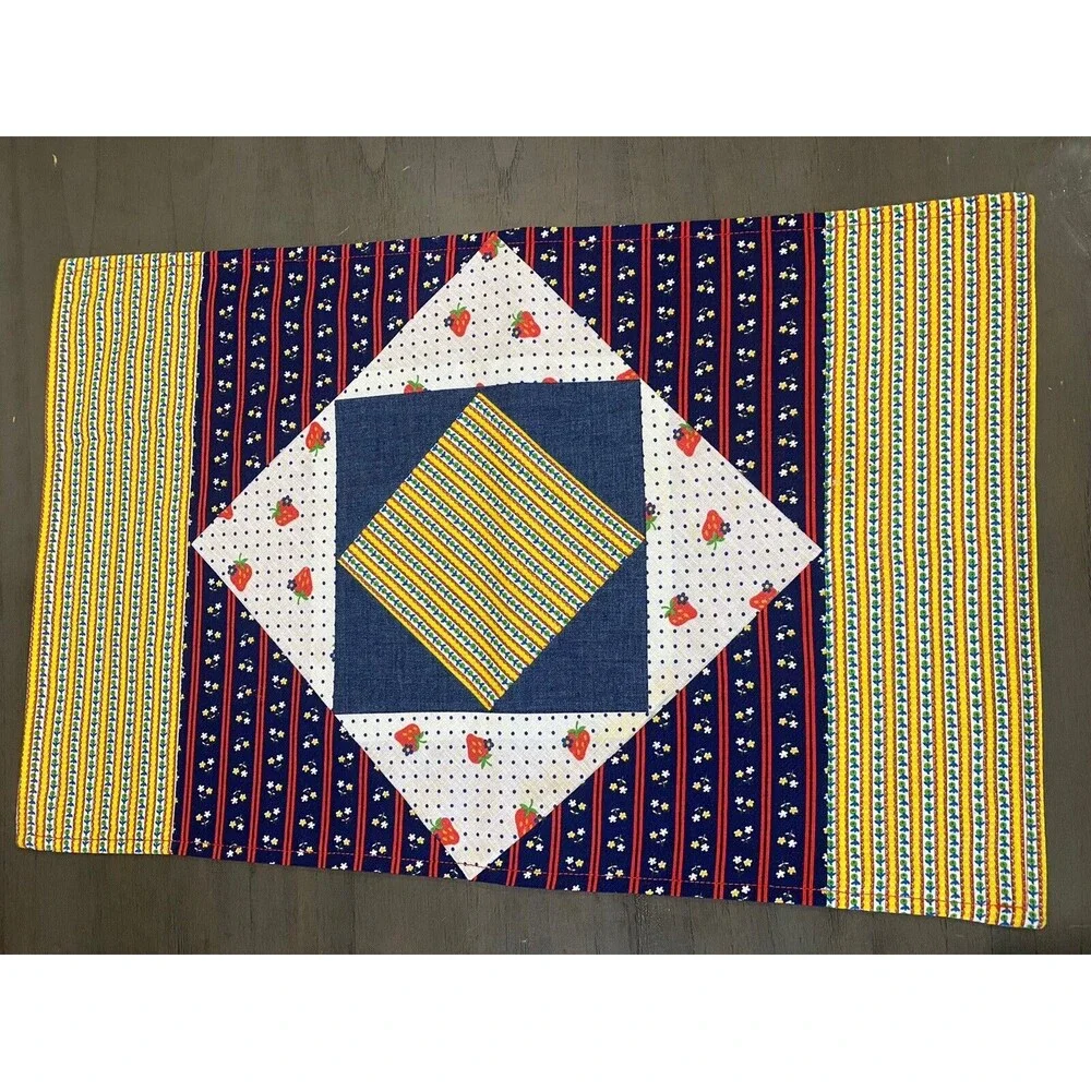 Set of 4 Quilted Placemats Denim Cotton Strawberries Floral Squares Cottage core
